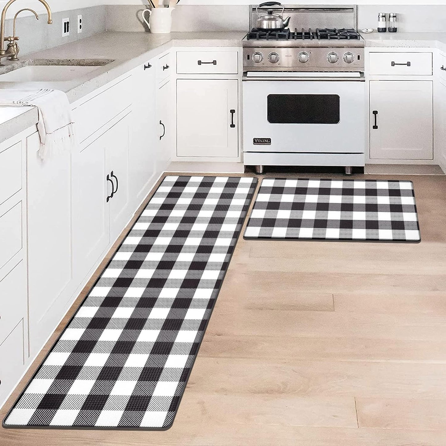 anti Fatigue Kitchen Mat Set of 2 Farmhouse Kitchen Rugs and Mats Non Slip Thick Cushioned Kitchen Floor Mats Waterproof Heavy Duty PVC Foam Kitchen Rug Runner Comfort Standing Mat Black