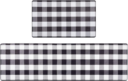anti Fatigue Kitchen Mat Set of 2 Farmhouse Kitchen Rugs and Mats Non Slip Thick Cushioned Kitchen Floor Mats Waterproof Heavy Duty PVC Foam Kitchen Rug Runner Comfort Standing Mat Black