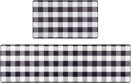 anti Fatigue Kitchen Mat Set of 2 Farmhouse Kitchen Rugs and Mats Non Slip Thick Cushioned Kitchen Floor Mats Waterproof Heavy Duty PVC Foam Kitchen Rug Runner Comfort Standing Mat Black