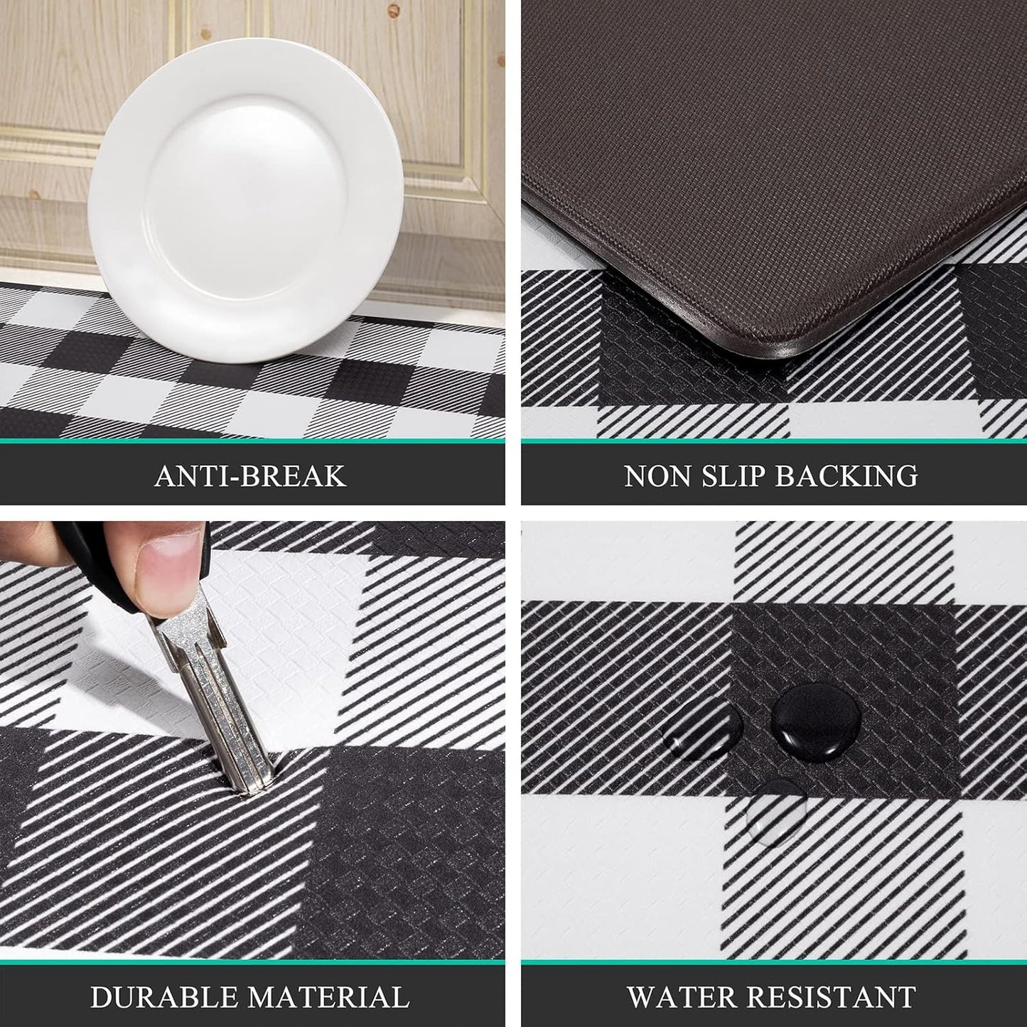 anti Fatigue Kitchen Mat Set of 2 Farmhouse Kitchen Rugs and Mats Non Slip Thick Cushioned Kitchen Floor Mats Waterproof Heavy Duty PVC Foam Kitchen Rug Runner Comfort Standing Mat Black