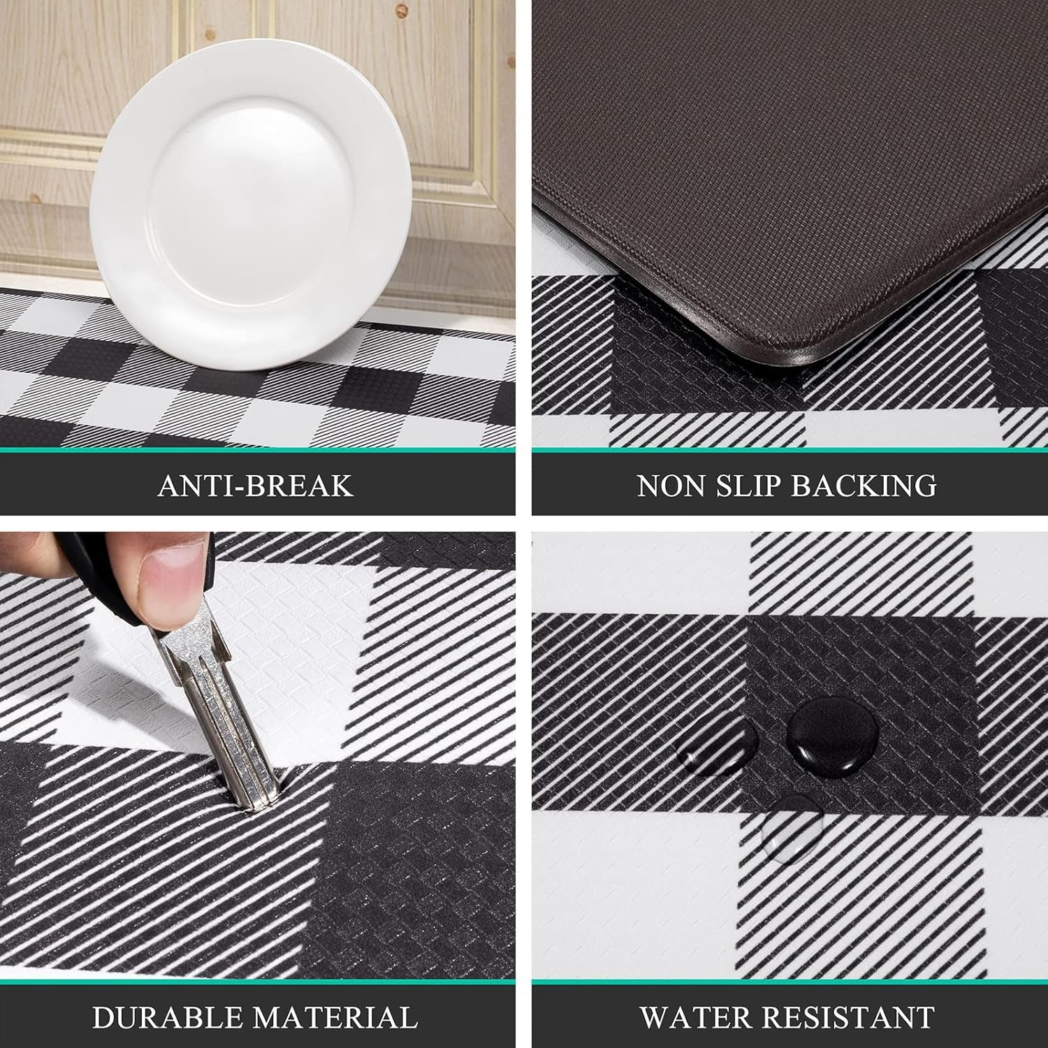 anti Fatigue Kitchen Mat Set of 2 Farmhouse Kitchen Rugs and Mats Non Slip Thick Cushioned Kitchen Floor Mats Waterproof Heavy Duty PVC Foam Kitchen Rug Runner Comfort Standing Mat Black