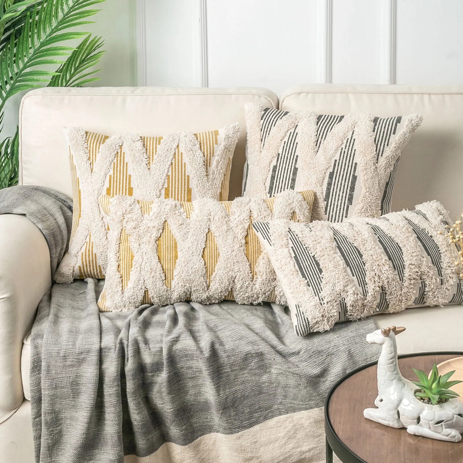 Boho Woven Cross Tufted Series Decorative Throw Pillow Cover, 18" X 18", Caramel/Beige, 1 Pack