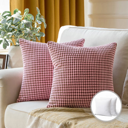 Soft Corduroy Corn Striped Velvet Series Decorative Throw Pillow, 18" X 18", Light Pink, 2 Pack