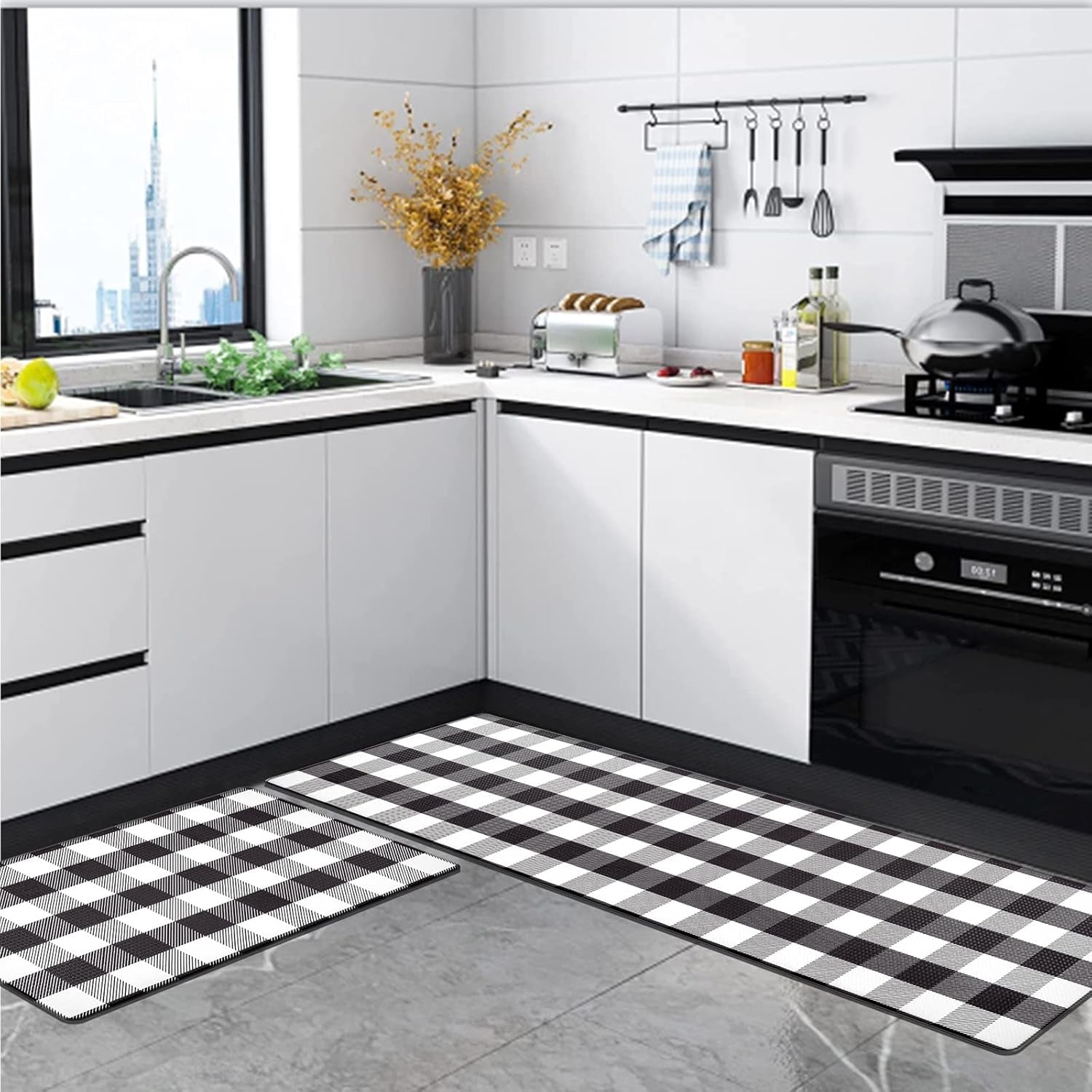 anti Fatigue Kitchen Mat Set of 2 Farmhouse Kitchen Rugs and Mats Non Slip Thick Cushioned Kitchen Floor Mats Waterproof Heavy Duty PVC Foam Kitchen Rug Runner Comfort Standing Mat Black