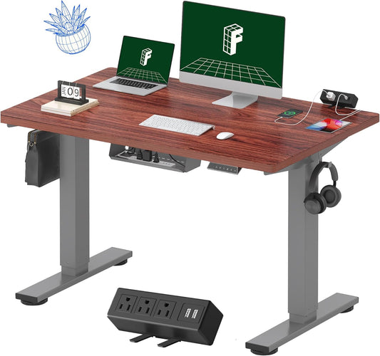 EN2 Whole-Piece Standing Desk with Clamp Power Strip, 48 X 30'' Height Adjustable Electric Stand up Desk with Cable Management (Gray Frame + Mahogany Top, 2 Packages)