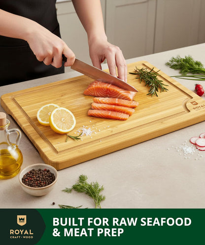 Wooden Cutting Boards for Kitchen Meal Prep & Serving - Bamboo Wood Serving Board Set with Deep Juice Groove Side Handles - Charcuterie & Chopping Butcher Block for Meat