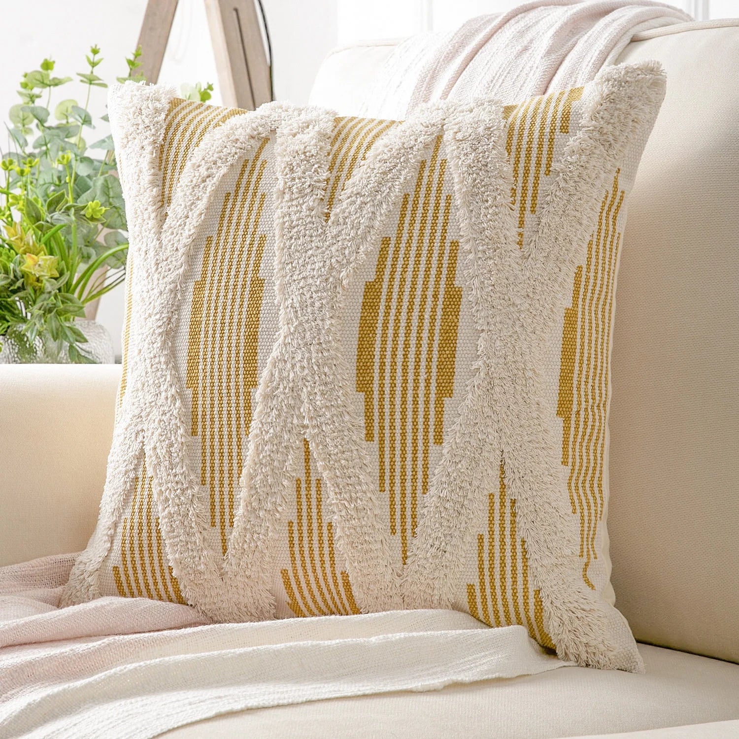 Boho Woven Cross Tufted Series Decorative Throw Pillow Cover, 18" X 18", Caramel/Beige, 1 Pack