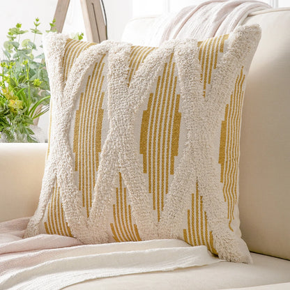 Boho Woven Cross Tufted Series Decorative Throw Pillow Cover, 18" X 18", Caramel/Beige, 1 Pack
