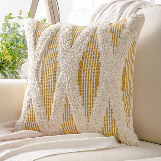 Boho Woven Cross Tufted Series Decorative Throw Pillow Cover, 18" X 18", Caramel/Beige, 1 Pack