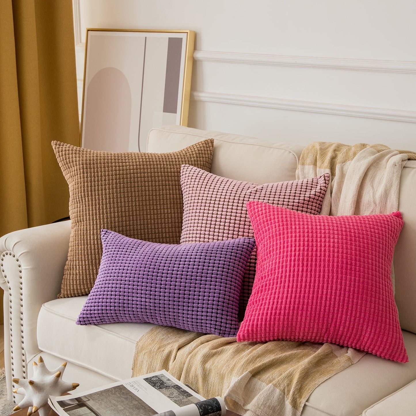 Soft Corduroy Corn Striped Velvet Series Decorative Throw Pillow, 18" X 18", Light Pink, 2 Pack